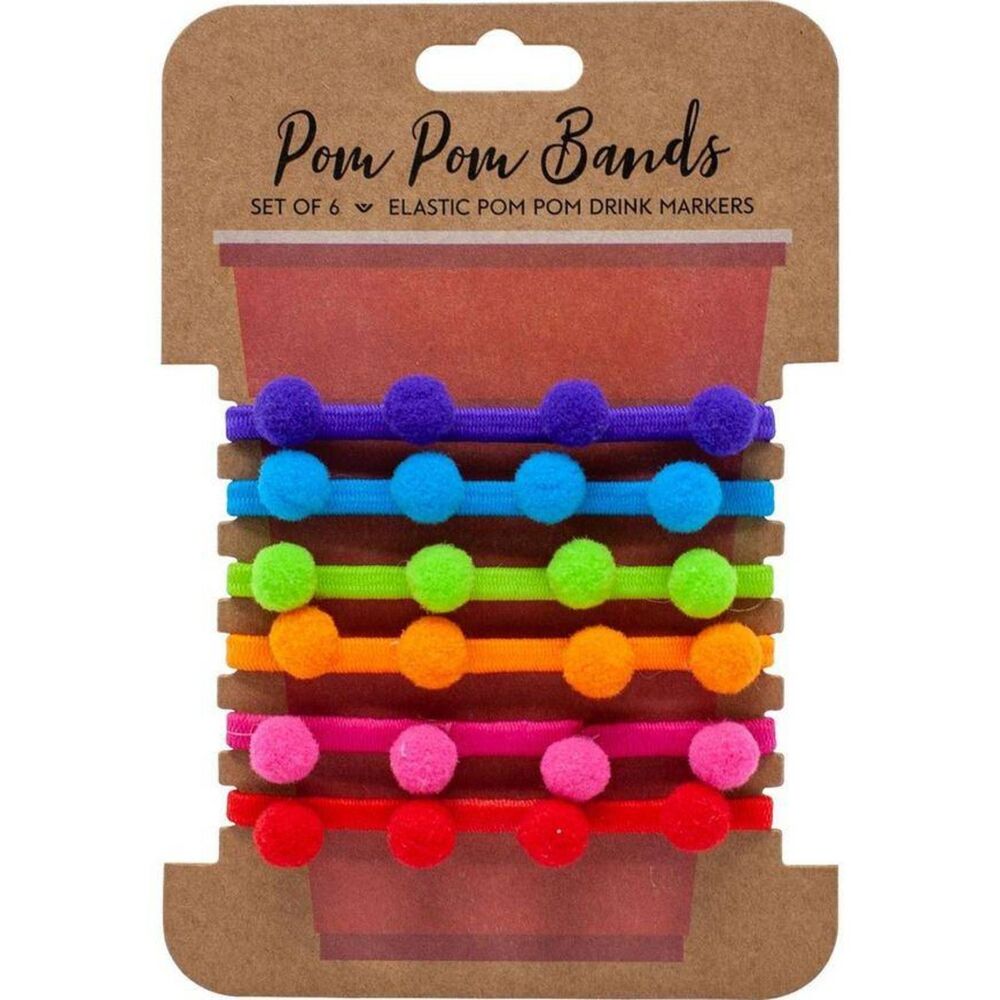 Party Perfect: Colorful Pom Pom Drink ID Bands (Set of 6 Elastic Markers)